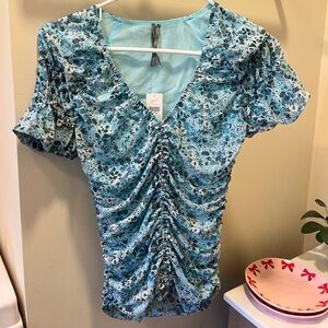 Anthropologie Light Blue Floral Ruched V-Neck Blouse